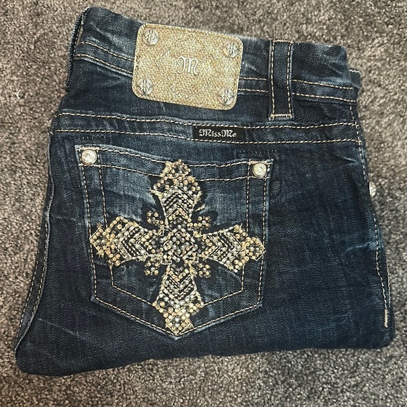 Miss Me Blue and Gold Easy Boot Cut Jeans with Ornate Embellishments - Picture 1 of 3